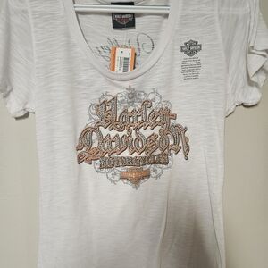 Harley-Davidson White and Orange Women's Top